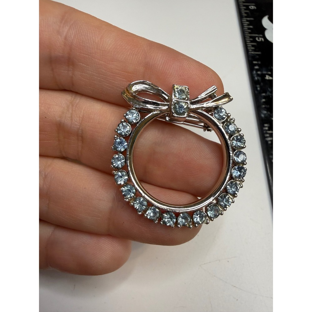 Silver Tone Light Blue Rhinestone Wreath Bow Brooch Pin
